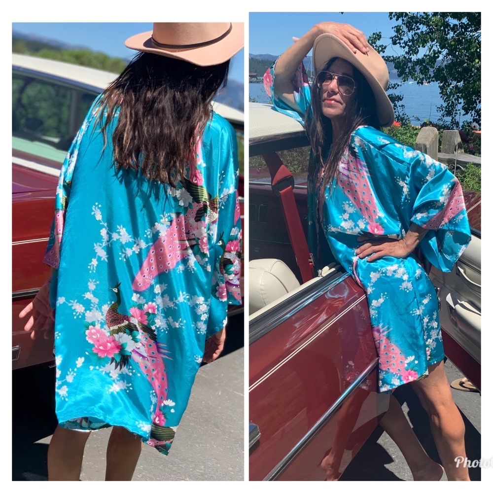 Vintage 70s kimono duster peacock turquoise S M